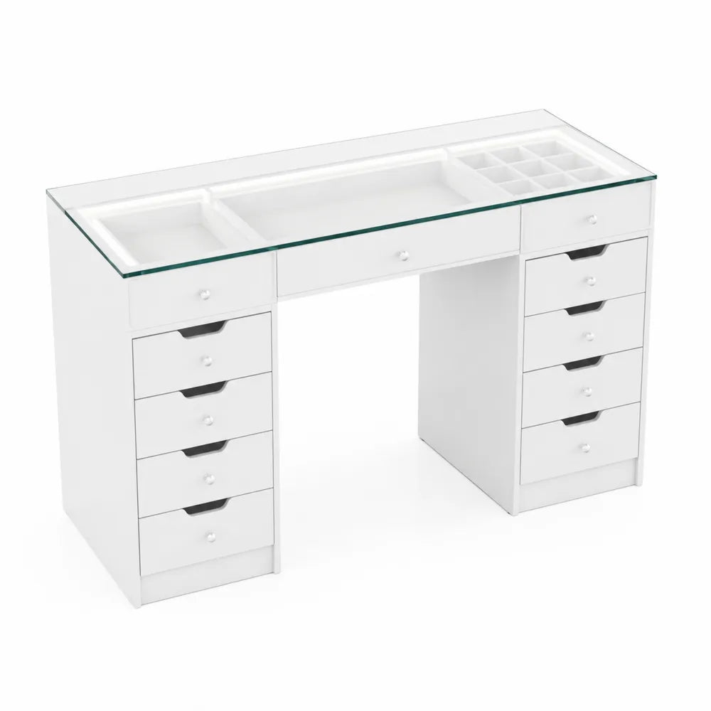 Bureau en bois et verre trempé blanc avec tiroirs