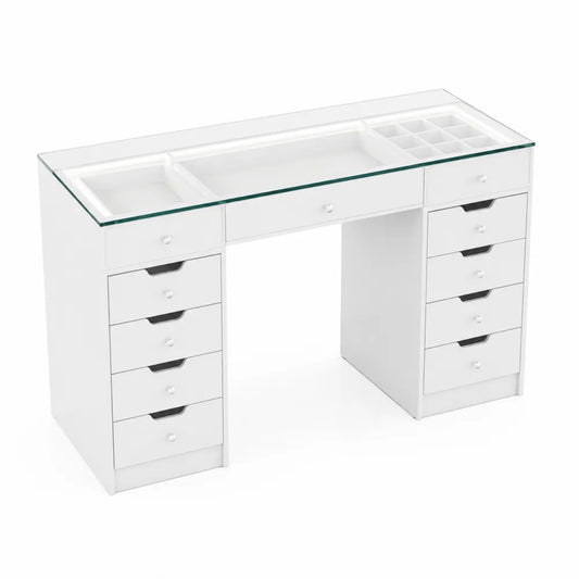 Bureau en bois et verre trempé blanc avec tiroirs