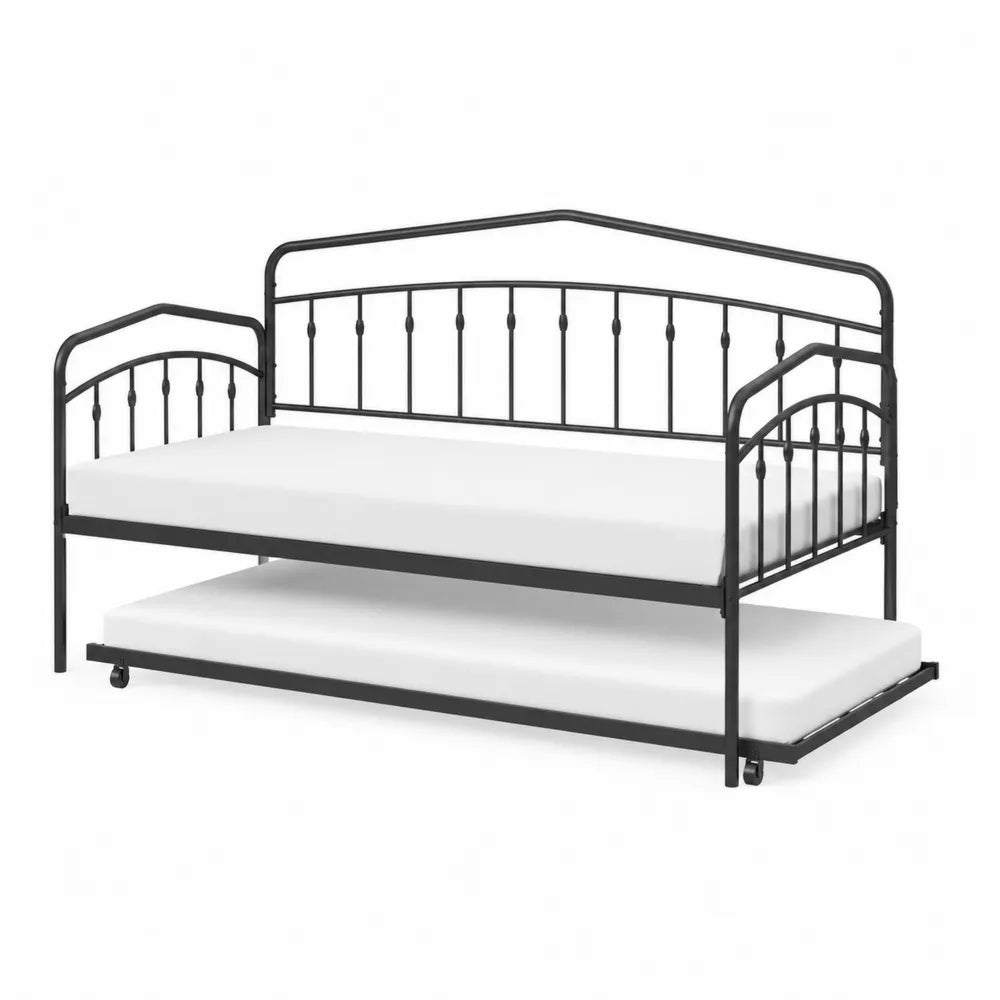 Lit gigogne en métal noir avec matelas 90x200 cm