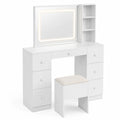 Coiffeuse blanche avec miroir LED et tabouret, bois MDF