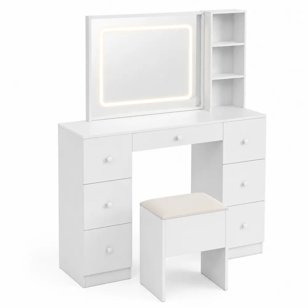 Coiffeuse blanche avec miroir LED et tabouret, bois MDF