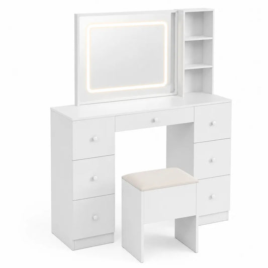 Coiffeuse blanche avec miroir LED et tabouret, bois MDF