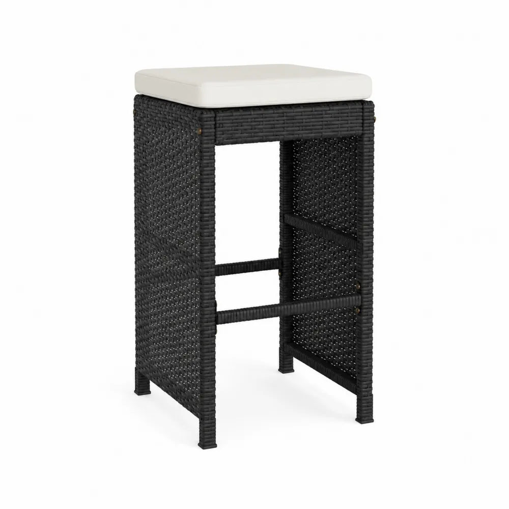 Tabouret de Bar en Résine Tressée Noir avec Coussin Beige