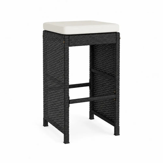Tabouret de Bar en Résine Tressée Noir avec Coussin Beige