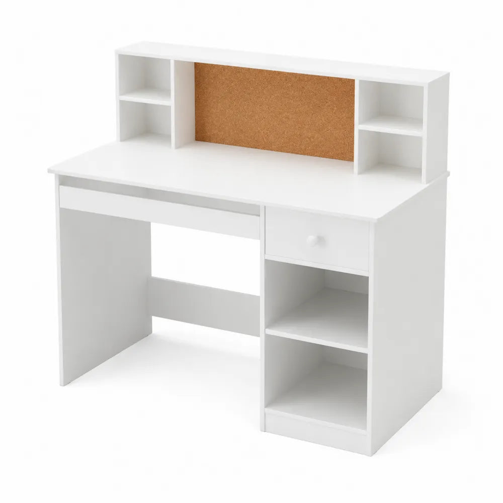 Bureau en bois avec étagères et panneau en liège