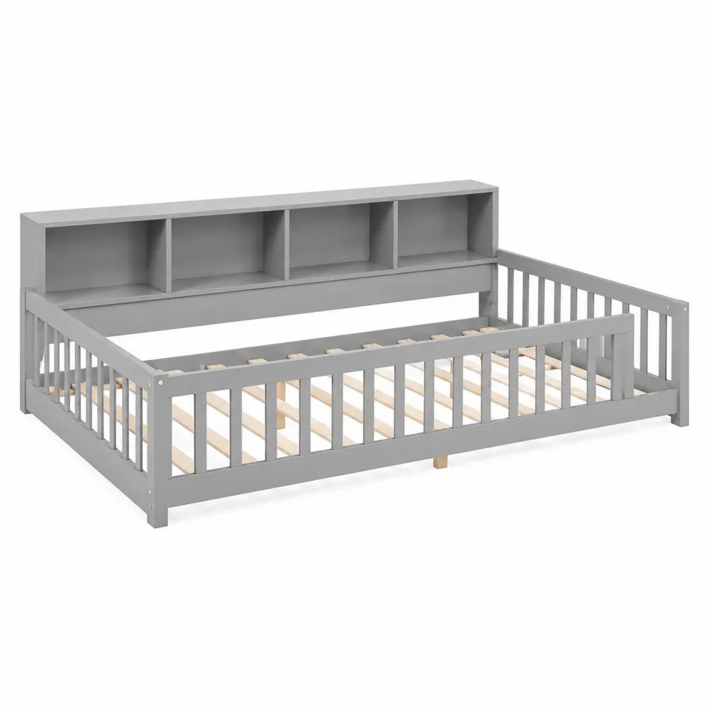 Lit enfant en bois gris avec étagères intégrées