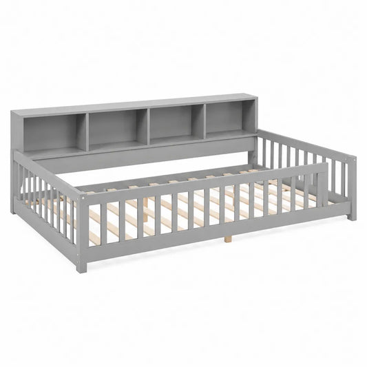 Lit enfant en bois gris avec étagères intégrées