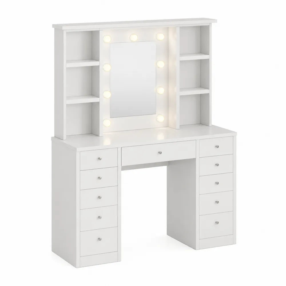 Coiffeuse avec miroir éclairé LED et rangements en bois blanc