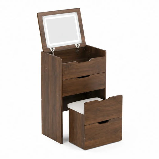 Coiffeuse en Bois de Noyer avec Miroir et Tabouret de Rangement