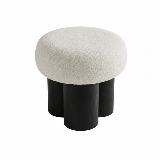 Tabouret rond en laine bouclée avec pieds en bois noir
