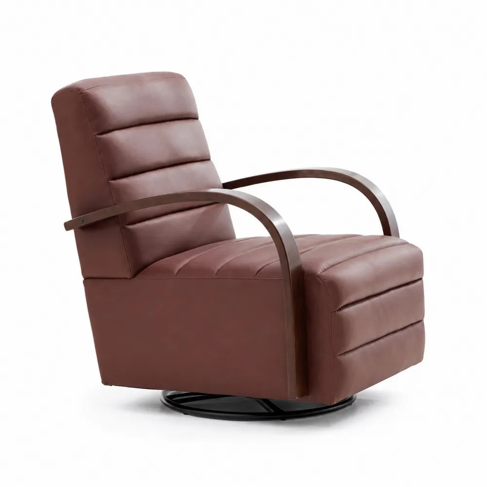 Fauteuil pivotant en cuir synthétique marron avec accoudoirs en bois