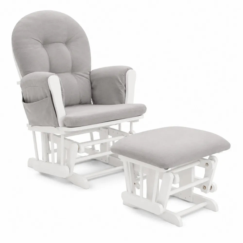 Fauteuil à bascule avec repose-pieds en bois et tissu polyester gris
