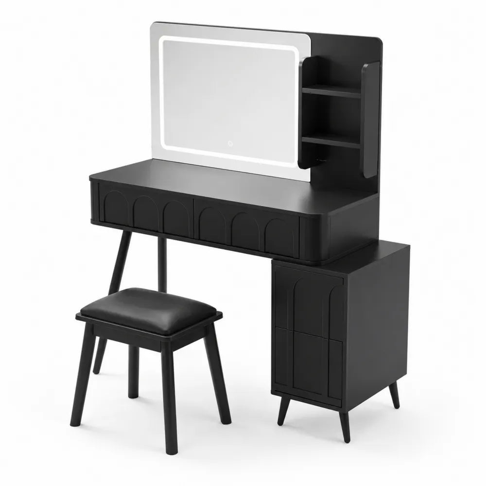 Coiffeuse en bois noire avec tabouret et miroir LED
