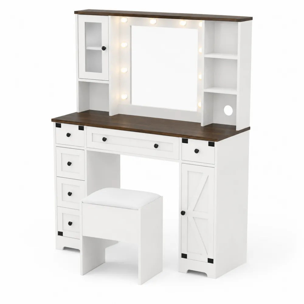 Coiffeuse en Bois avec Miroir Éclairé et Tabouret Blanc/Marron 120cm