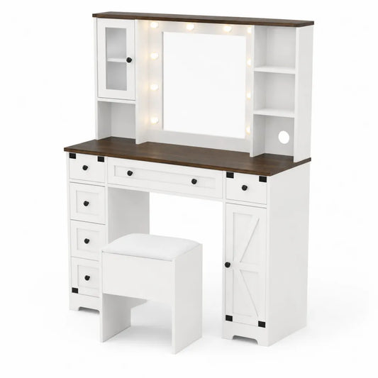 Coiffeuse en Bois avec Miroir Éclairé et Tabouret Blanc/Marron 120cm
