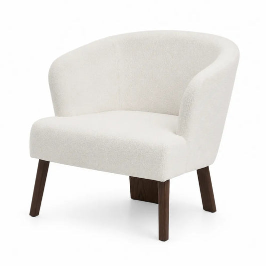 Fauteuil en tissu bouclette blanc avec pieds en bois massif